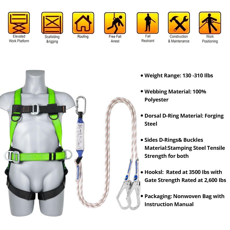 TT TRSMIMA Safety Harness Fall Protection Kit: Full Body Roofing harnesses with Shock Absorbing Lanyard - Updated Comfortable Waist Pad - Image 2